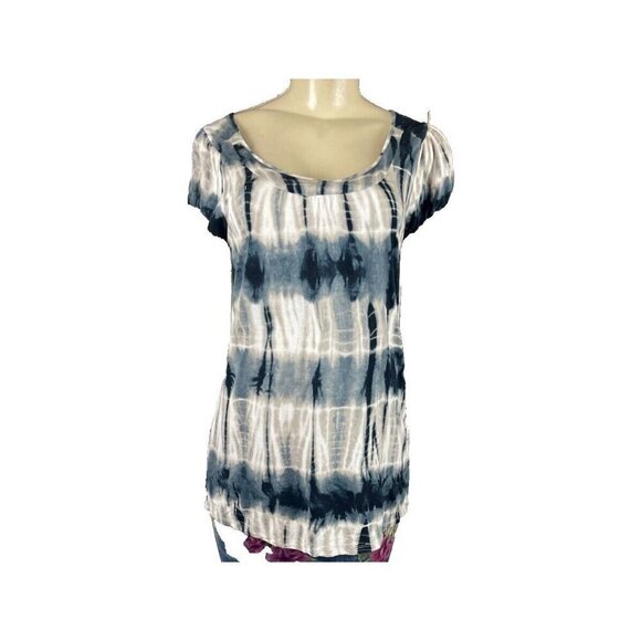 One World S Navy Blue-Gray Striped Tie-Dye Scoop Neckline Rayon Cap Sleeve Tee - Picture 2 of 6
